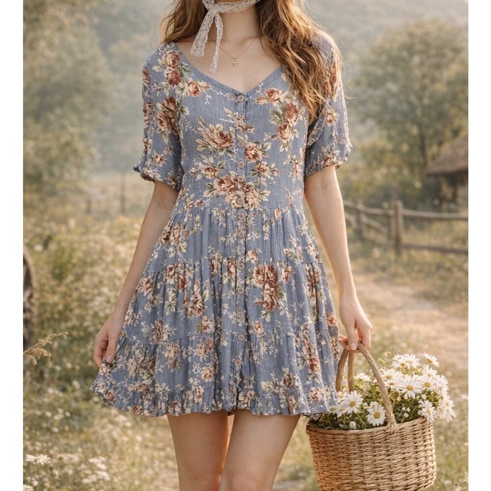 VTG 90's‎ Floral Crinkle Rayon Romantic Dress L Cottagecore Feminine Fairygrunge